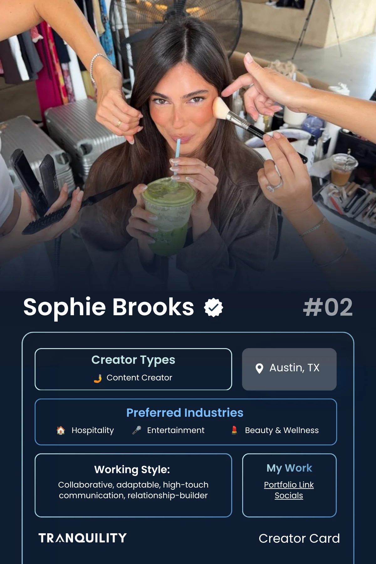 A vetted creator profile with experience, location, and matching information